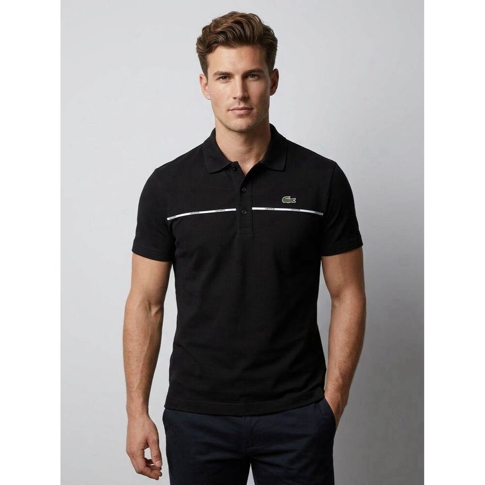 Lacoste Mens Polo Shirt Size L Large Black Logo Taped Chest Stripe Pique